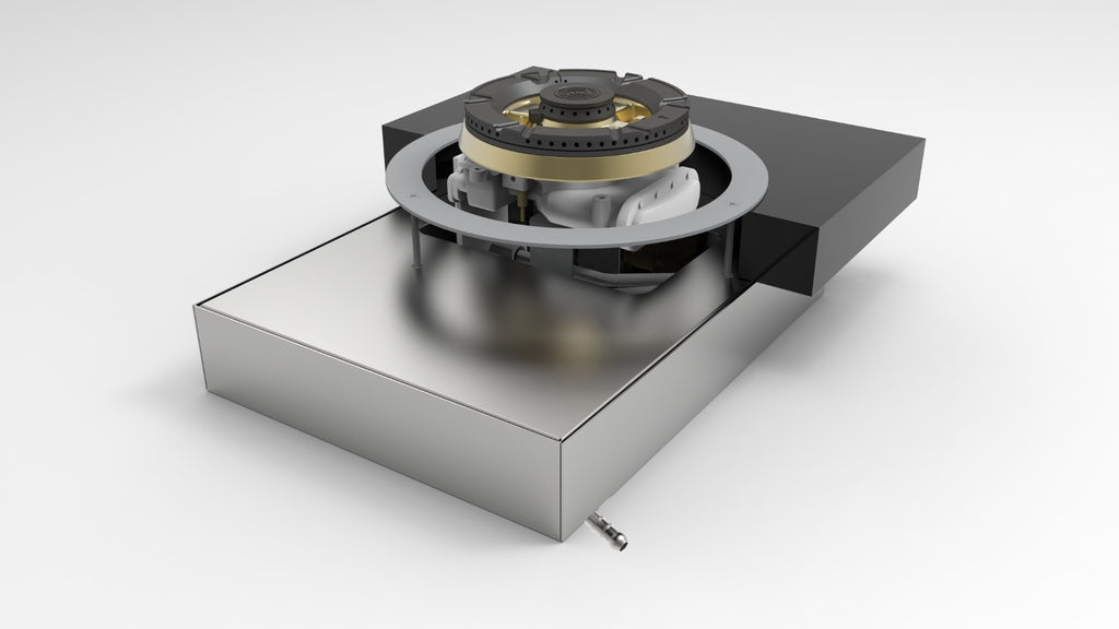 VARIOCOOK 5KW BRASS BURNER SHOWNG BREAKDOWN OF MOUNTING INTO THE COUNTER YOP